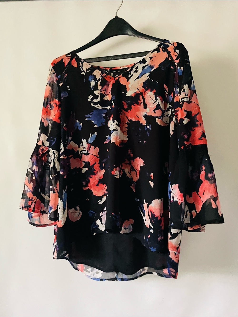 Apt. 9 Black Blouse with Coral, Pink and Blue Floral Pattern